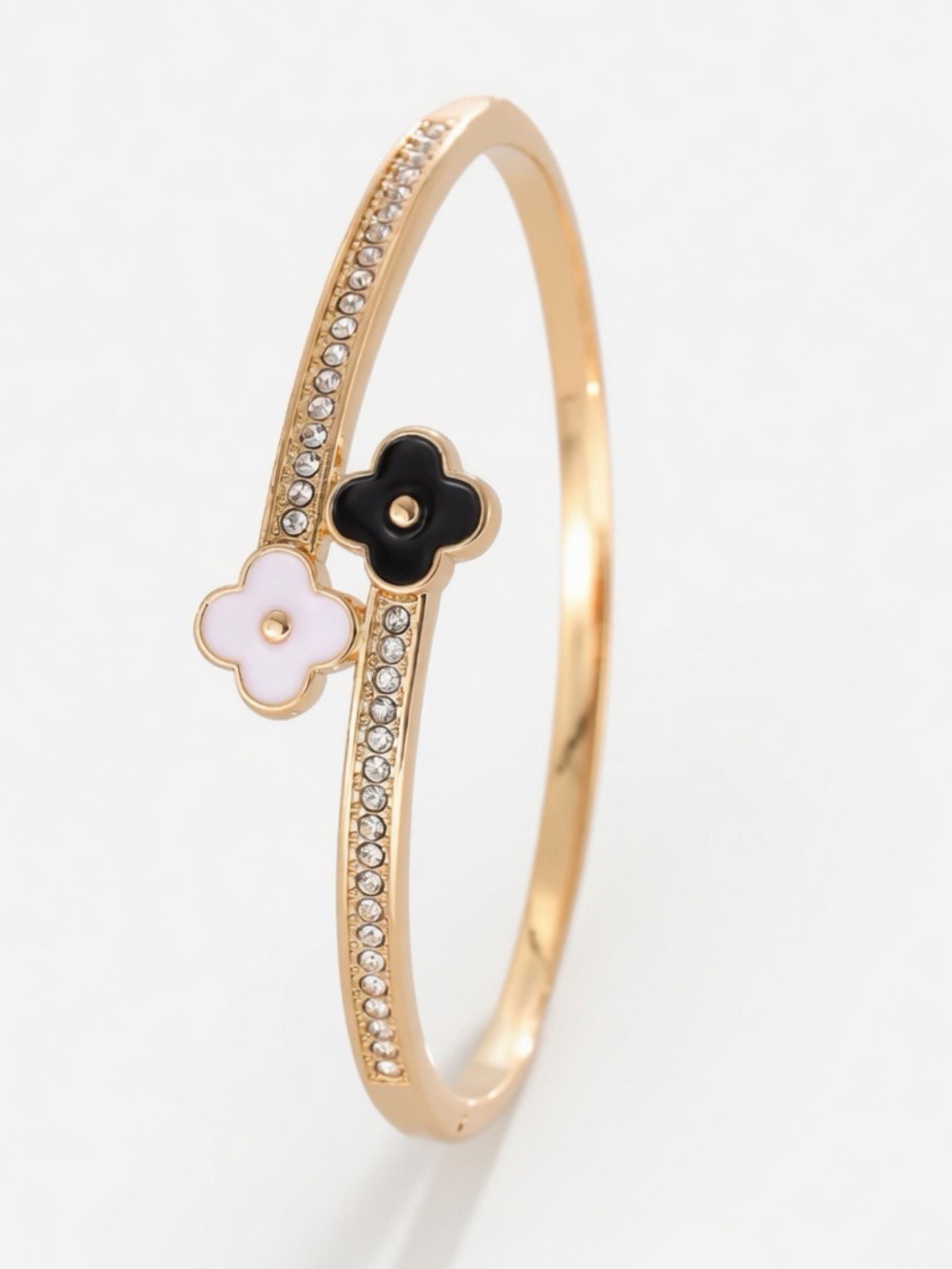 Rose Gold Tone Bangle with Pink and Black Flower Accents